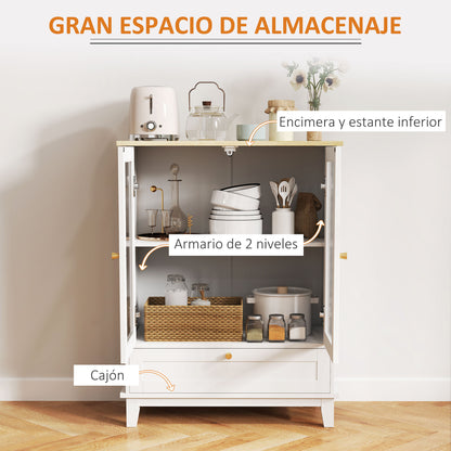 Glass Door 2-Door Sideboard with Drawer and Adjustable Shelf Kitchen Bedroom Living Room 68x35x85 cm White and Oak