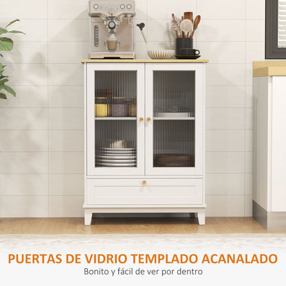 Glass Door 2-Door Sideboard with Drawer and Adjustable Shelf Kitchen Bedroom Living Room 68x35x85 cm White and Oak