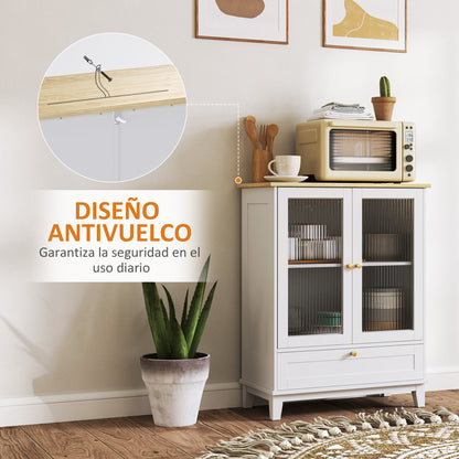 Glass Door 2-Door Sideboard with Drawer and Adjustable Shelf Kitchen Bedroom Living Room 68x35x85 cm White and Oak