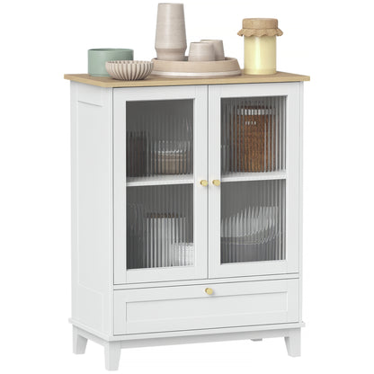 Glass Door 2-Door Sideboard with Drawer and Adjustable Shelf Kitchen Bedroom Living Room 68x35x85 cm White and Oak