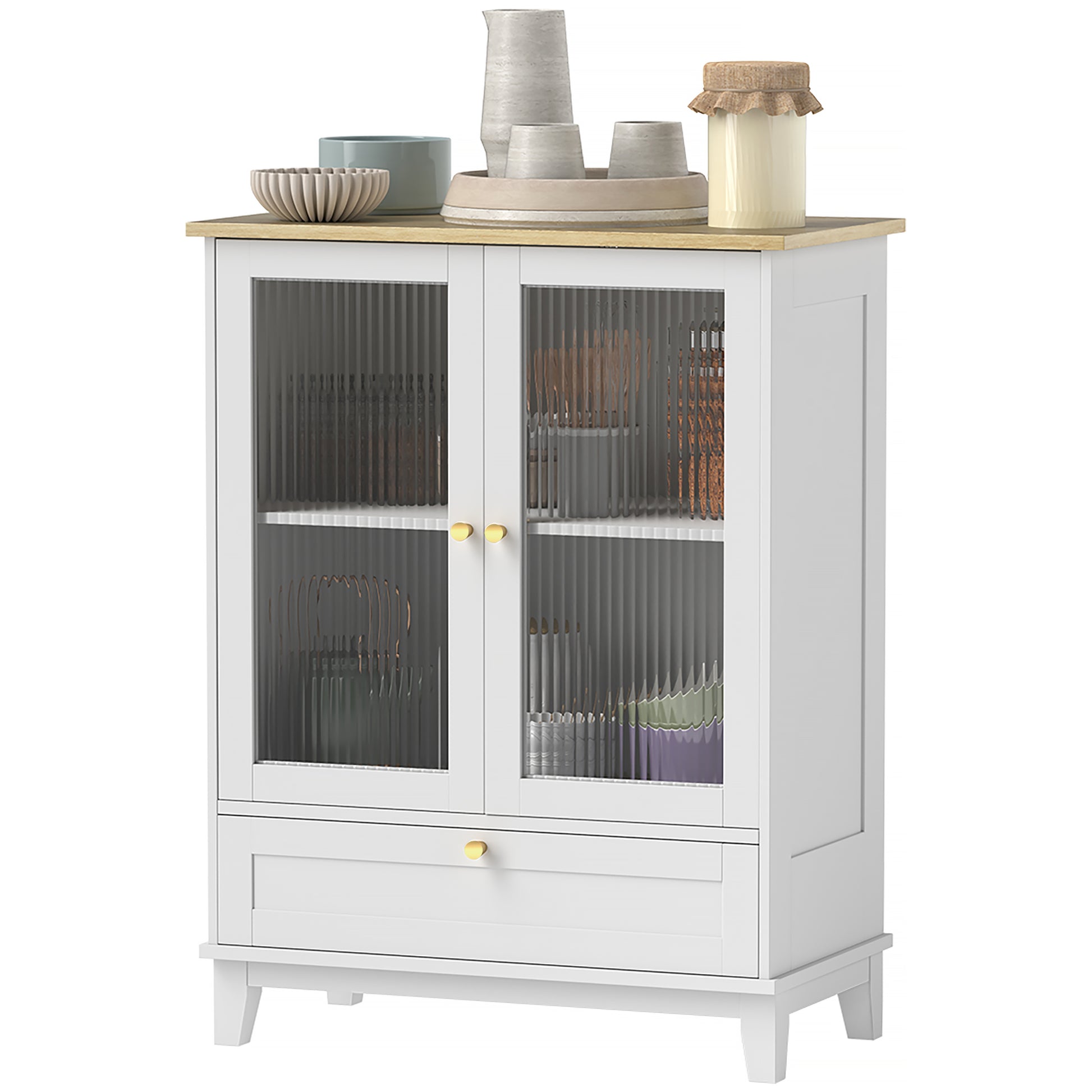 Glass Door 2-Door Sideboard with Drawer and Adjustable Shelf Kitchen Bedroom Living Room 68x35x85 cm White and Oak