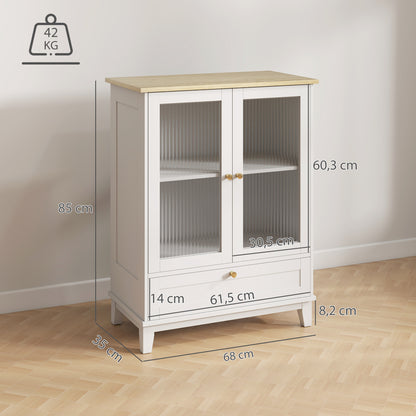 Glass Door 2-Door Sideboard with Drawer and Adjustable Shelf Kitchen Bedroom Living Room 68x35x85 cm White and Oak