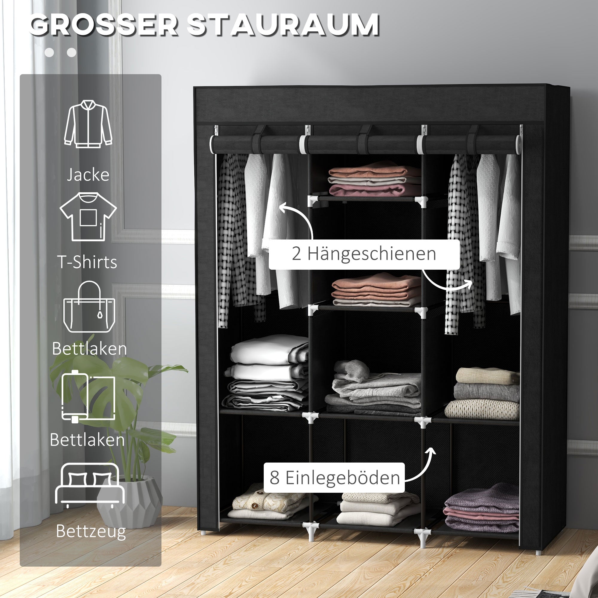 Fabric Wardrobe, Clothes Closet with Hanging Rod, 8 Shelves, Foldable Closet, Folding Wardrobe for Bedroom, Hallway, Non-Woven Fabric, Black, 125 x 43 x 162.5 cm