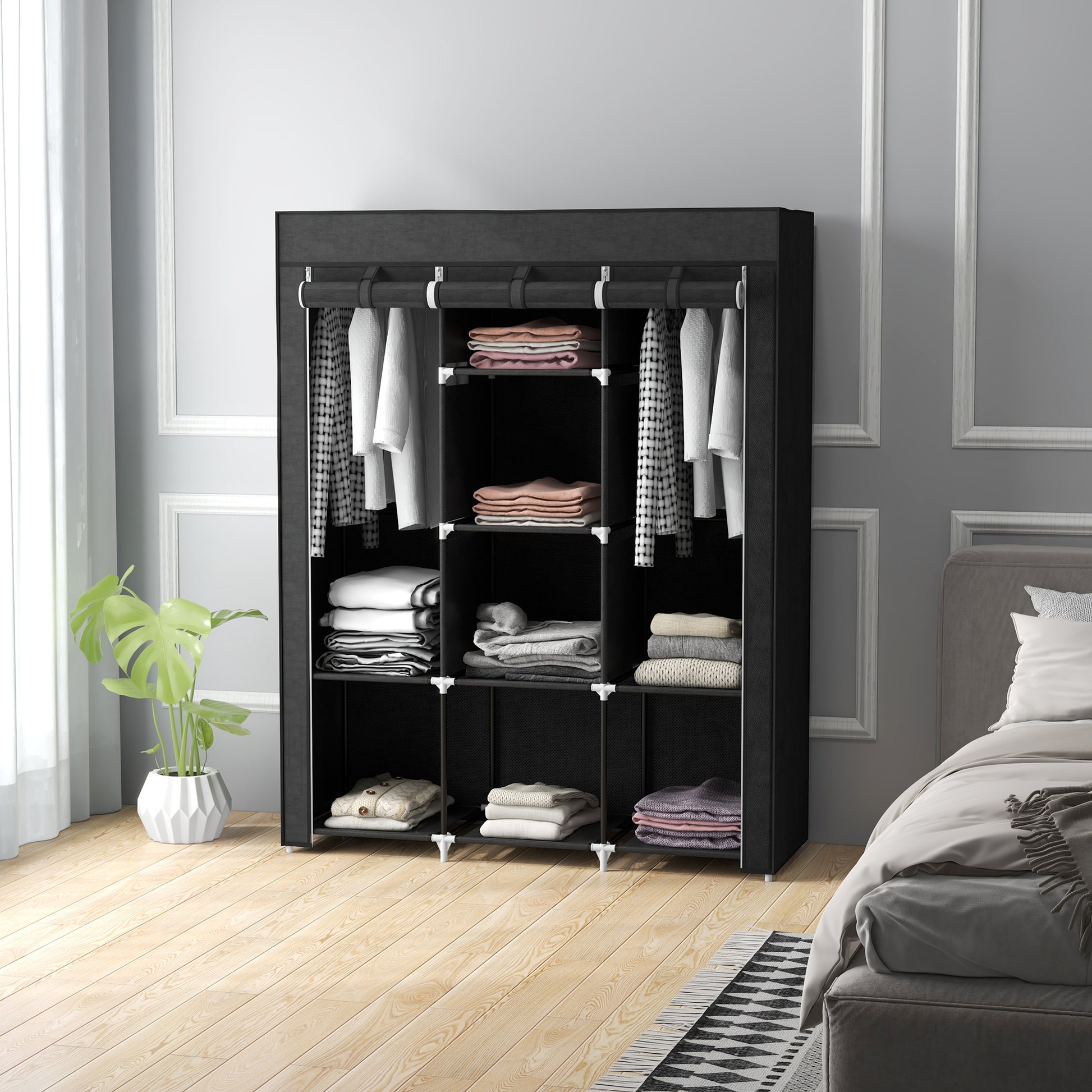 Fabric Wardrobe, Clothes Closet with Hanging Rod, 8 Shelves, Foldable Closet, Folding Wardrobe for Bedroom, Hallway, Non-Woven Fabric, Black, 125 x 43 x 162.5 cm