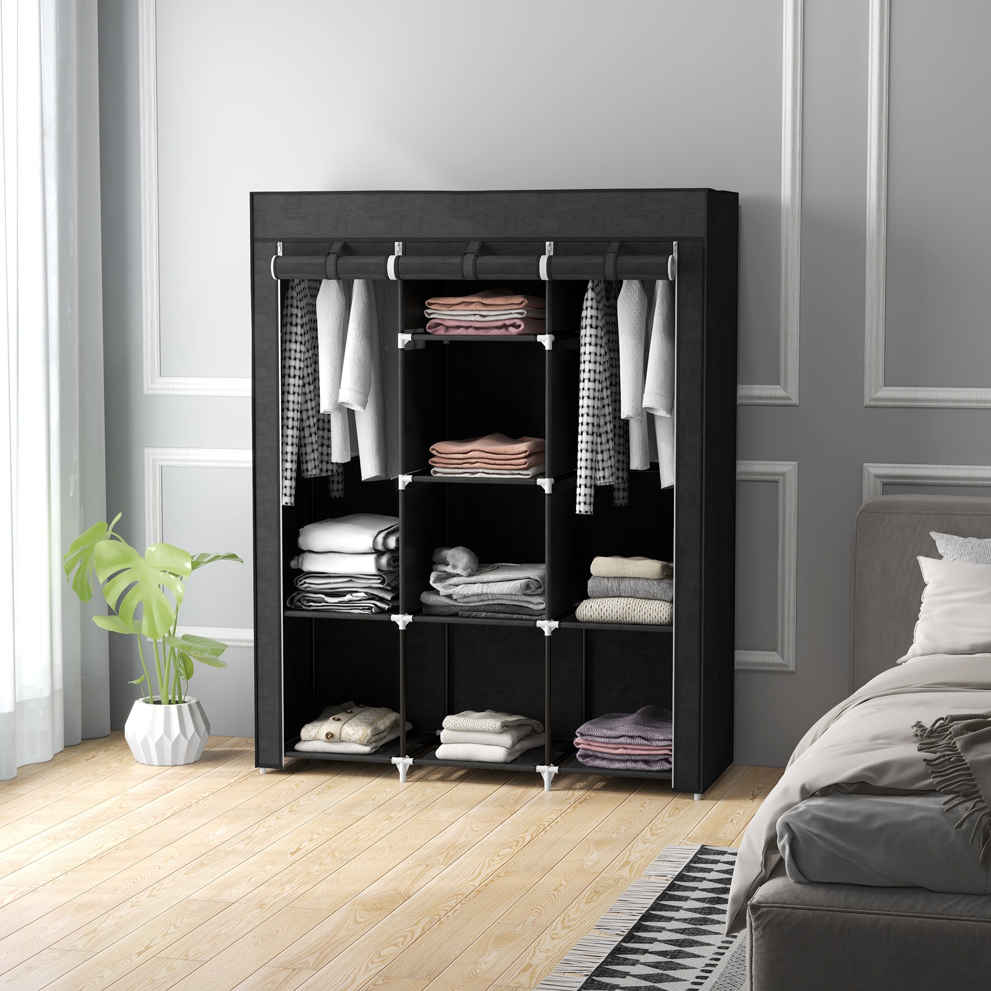 Fabric Wardrobe, Clothes Closet with Hanging Rod, 8 Shelves, Foldable Closet, Folding Wardrobe for Bedroom, Hallway, Non-Woven Fabric, Black, 125 x 43 x 162.5 cm