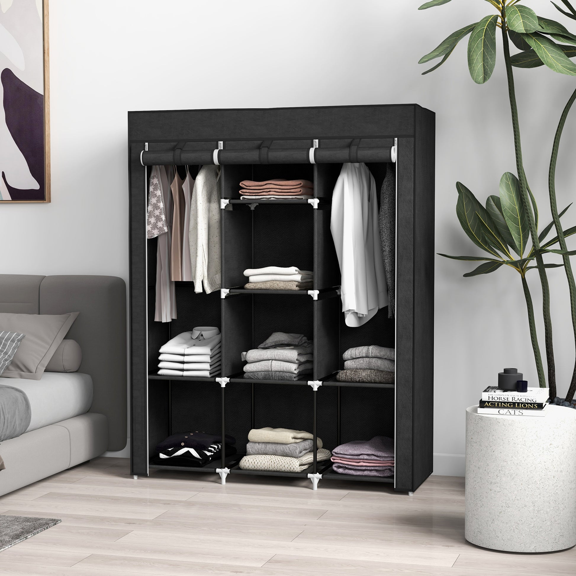 Fabric Wardrobe, Clothes Closet with Hanging Rod, 8 Shelves, Foldable Closet, Folding Wardrobe for Bedroom, Hallway, Non-Woven Fabric, Black, 125 x 43 x 162.5 cm