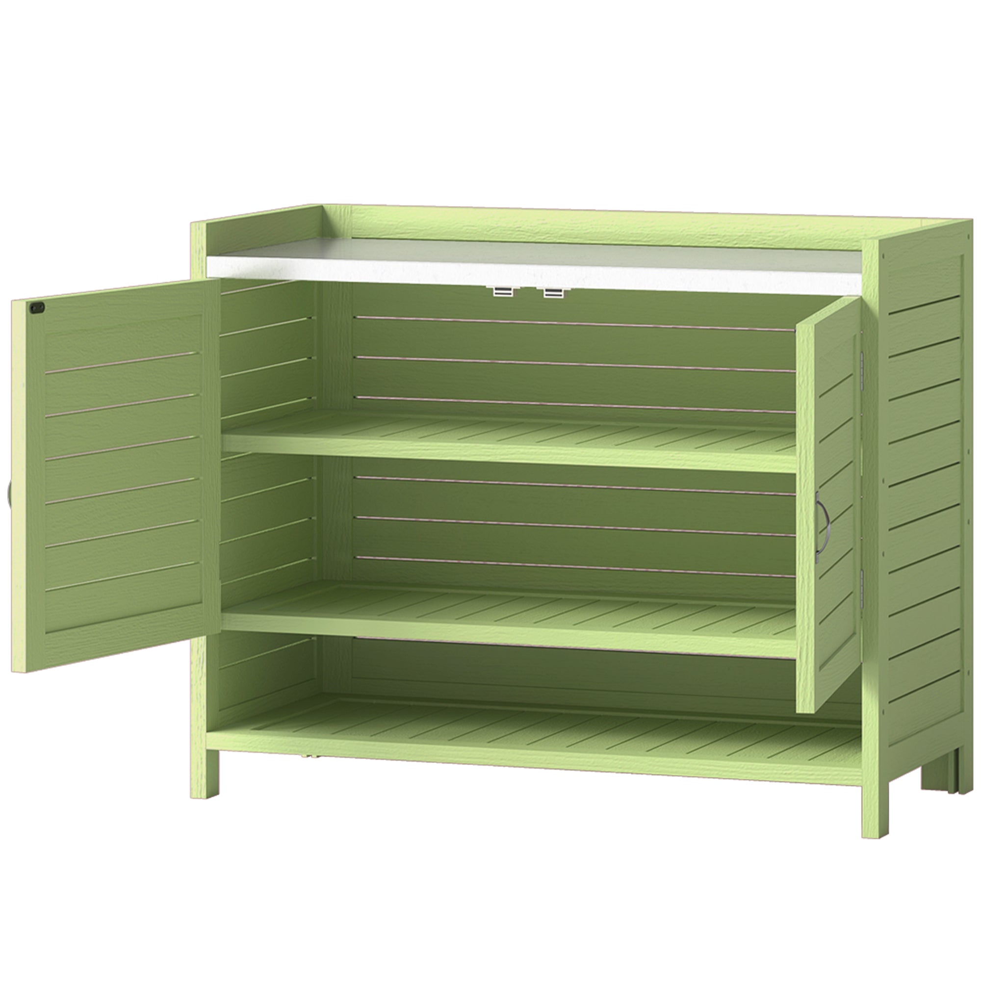 Pine Potting Bench with Cabinet and Galvanized Worktop, 3 Shelves, Double Doors — Weatherproof Garden Table for Patio, Balcony, Porch (Green) — 88 x 40 x 70.5 cm