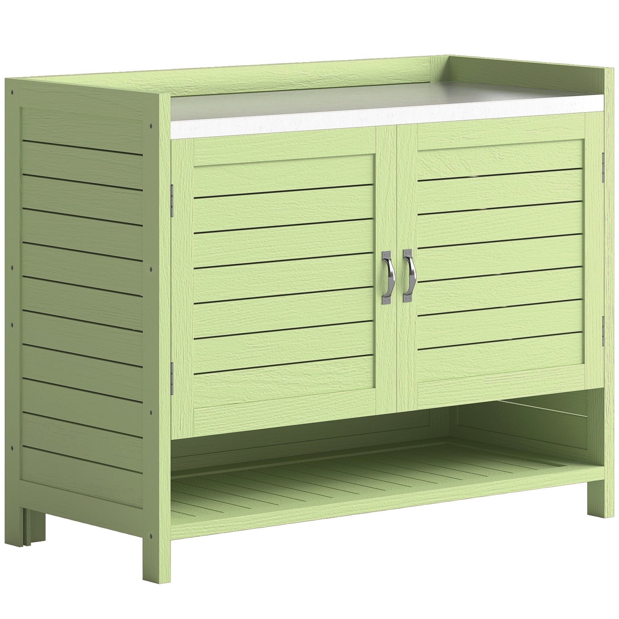 Pine Potting Bench with Cabinet and Galvanized Worktop, 3 Shelves, Double Doors — Weatherproof Garden Table for Patio, Balcony, Porch (Green) — 88 x 40 x 70.5 cm