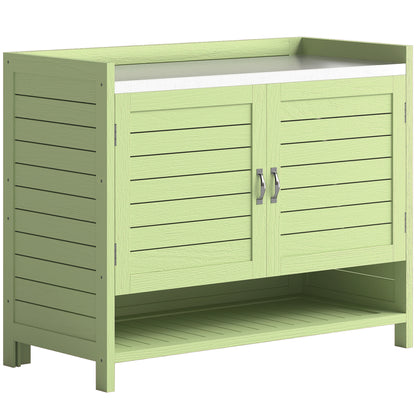 Pine Potting Bench with Cabinet and Galvanized Worktop, 3 Shelves, Double Doors — Weatherproof Garden Table for Patio, Balcony, Porch (Green) — 88 x 40 x 70.5 cm