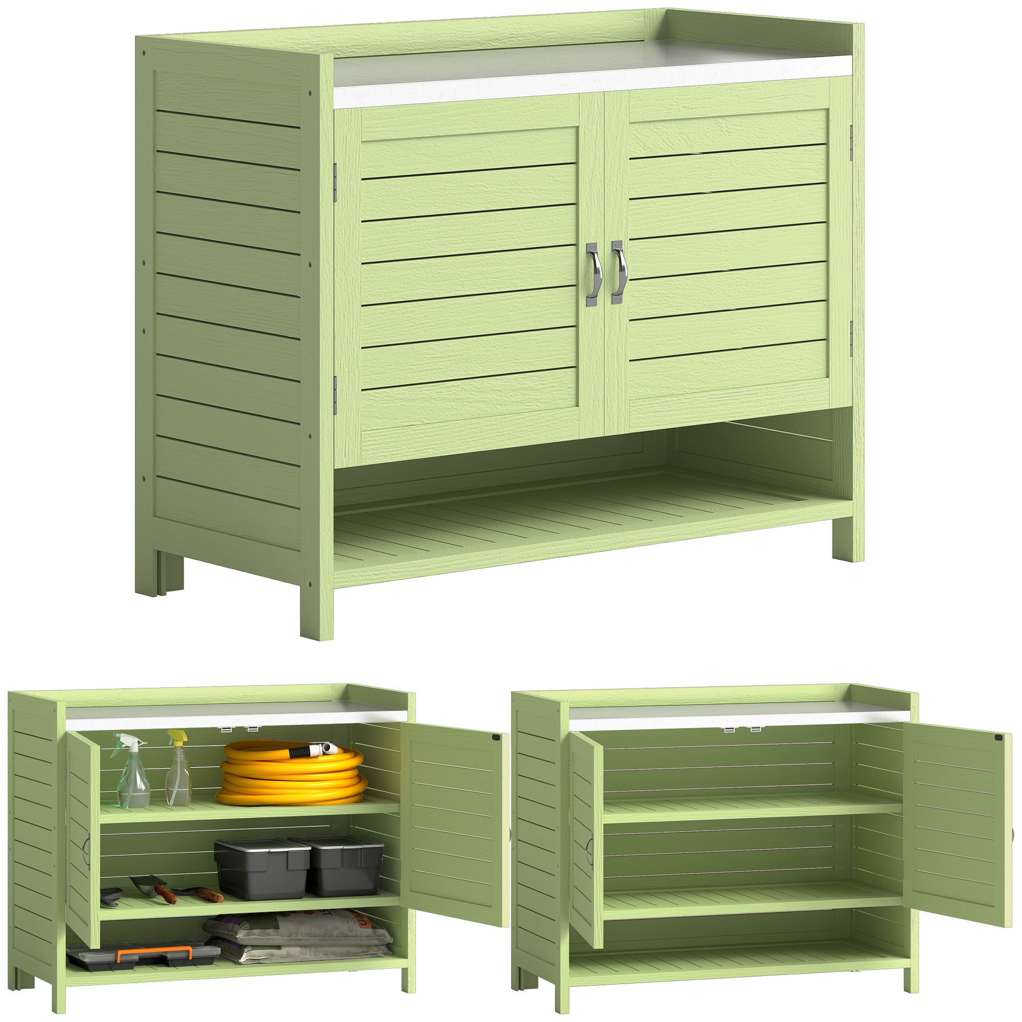 Pine Potting Bench with Cabinet and Galvanized Worktop, 3 Shelves, Double Doors — Weatherproof Garden Table for Patio, Balcony, Porch (Green) — 88 x 40 x 70.5 cm