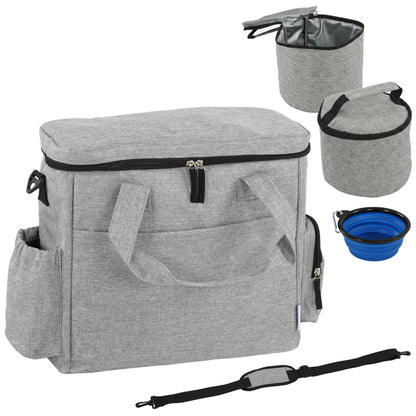 Dog Travel Treat Bag with 2 Insulated Food Containers & Collapsible Silicone Bowl, Pockets, Adjustable Divider — Portable Durable Light Gray