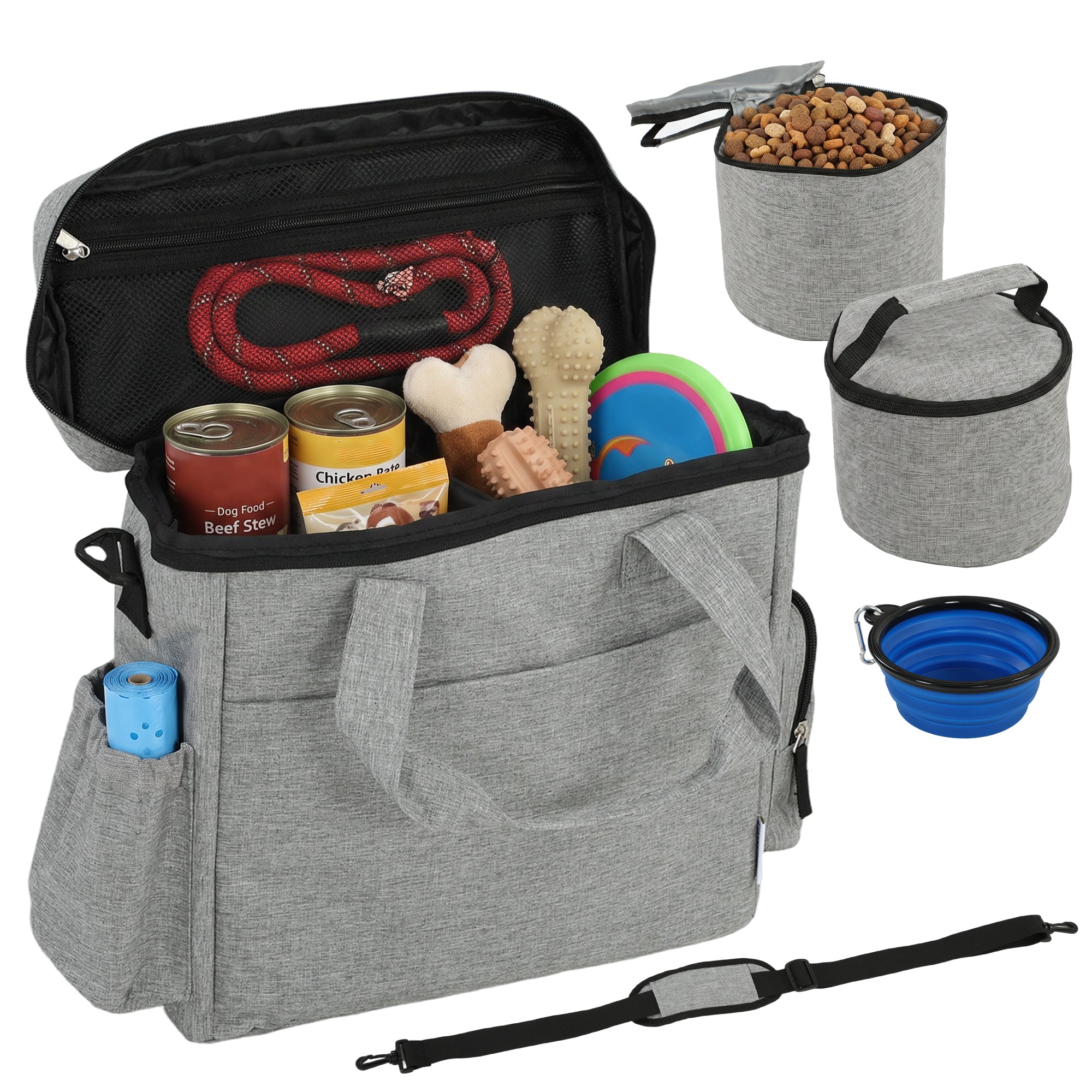 Dog Travel Treat Bag with 2 Insulated Food Containers & Collapsible Silicone Bowl, Pockets, Adjustable Divider — Portable Durable Light Gray