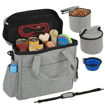 Dog Travel Treat Bag with 2 Insulated Food Containers & Collapsible Silicone Bowl, Pockets, Adjustable Divider — Portable Durable Light Gray