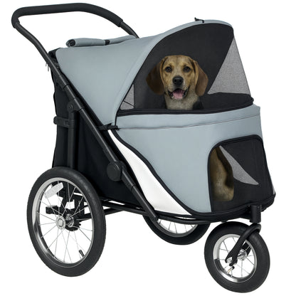 Dog Stroller 3-Wheel Dog Stroller - One-Hand Folding, Rubber Wheels, Storage Bag, Soft Cushion, Safety Leash, Cat Stroller Holds 20 kg, Gray