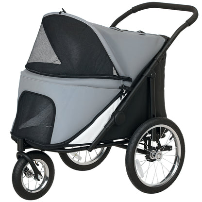 Dog Stroller 3-Wheel Dog Stroller - One-Hand Folding, Rubber Wheels, Storage Bag, Soft Cushion, Safety Leash, Cat Stroller Holds 20 kg, Gray