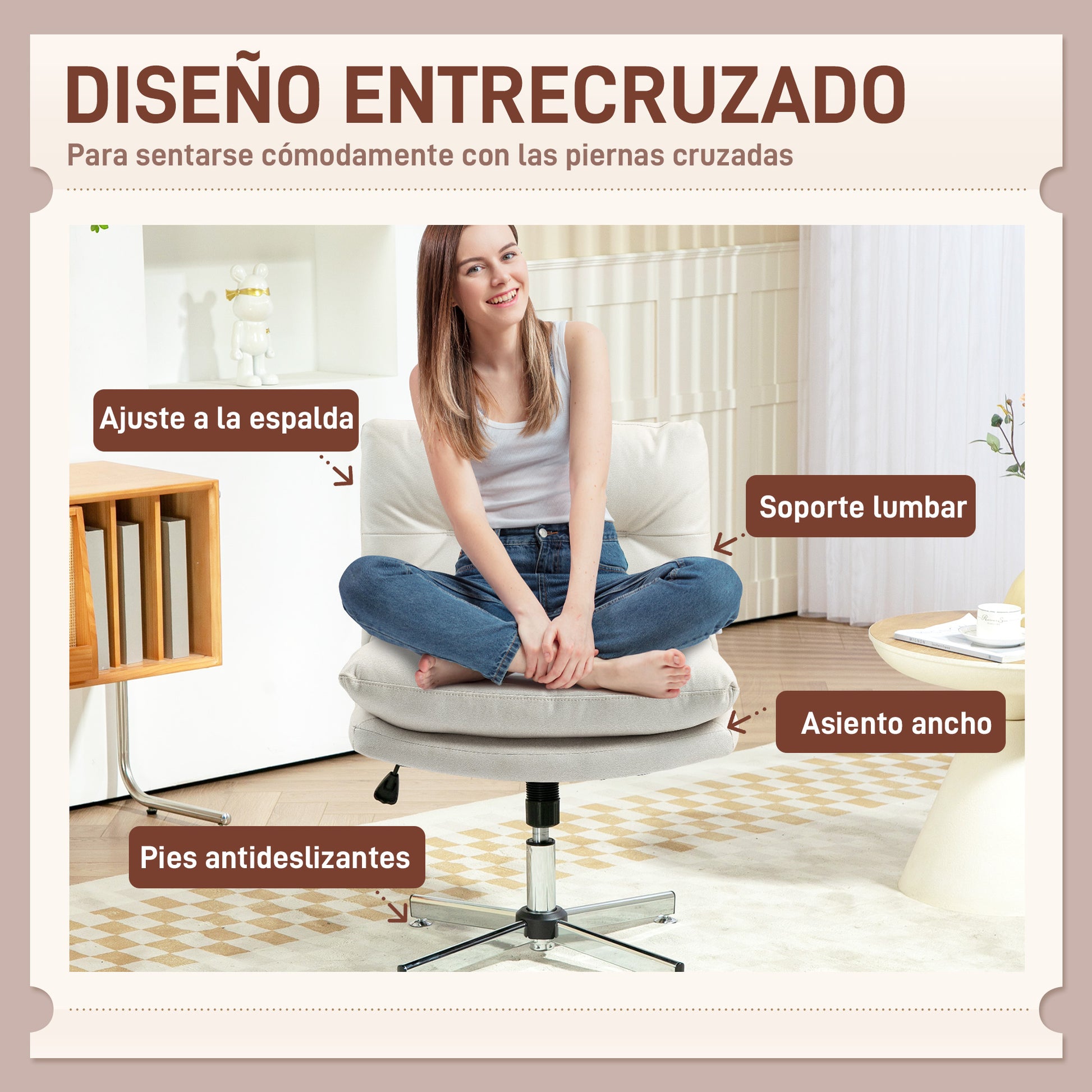 Armless Office Chair Office Chair with Adjustable Height Tilt Function Cross Base and Wide Seat Chair for Study Bedroom Light Gray