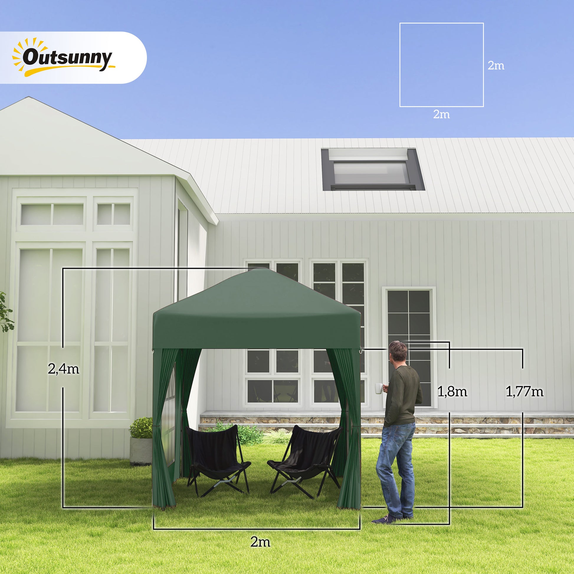 Pavilion 2x2m Waterproof, Pop-Up Gazebo with 4 Side Walls, Drainage Holes Windows, Foldable Party Tent UV 30+, Garden Canopy with Carrying Bag, Garden Pavilion for Terrace, Dark Green