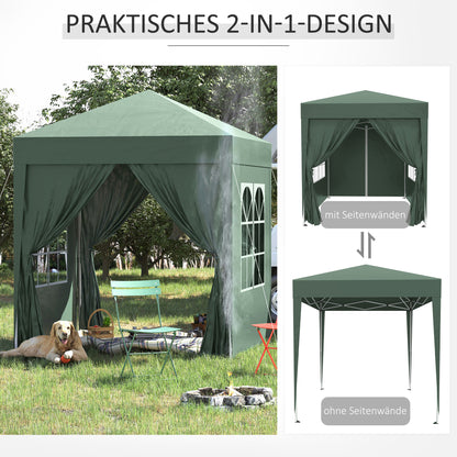 Pavilion 2x2m Waterproof, Pop-Up Gazebo with 4 Side Walls, Drainage Holes Windows, Foldable Party Tent UV 30+, Garden Canopy with Carrying Bag, Garden Pavilion for Terrace, Dark Green