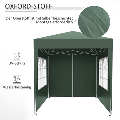 Pavilion 2x2m Waterproof, Pop-Up Gazebo with 4 Side Walls, Drainage Holes Windows, Foldable Party Tent UV 30+, Garden Canopy with Carrying Bag, Garden Pavilion for Terrace, Dark Green