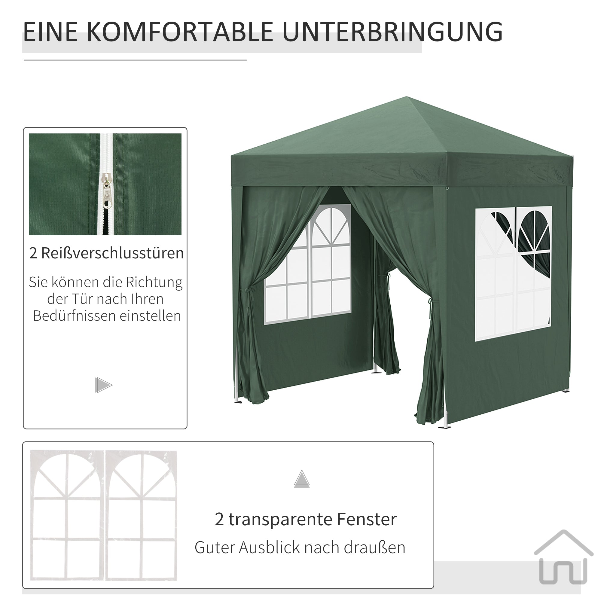 Pavilion 2x2m Waterproof, Pop-Up Gazebo with 4 Side Walls, Drainage Holes Windows, Foldable Party Tent UV 30+, Garden Canopy with Carrying Bag, Garden Pavilion for Terrace, Dark Green