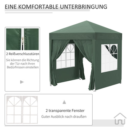 Pavilion 2x2m Waterproof, Pop-Up Gazebo with 4 Side Walls, Drainage Holes Windows, Foldable Party Tent UV 30+, Garden Canopy with Carrying Bag, Garden Pavilion for Terrace, Dark Green