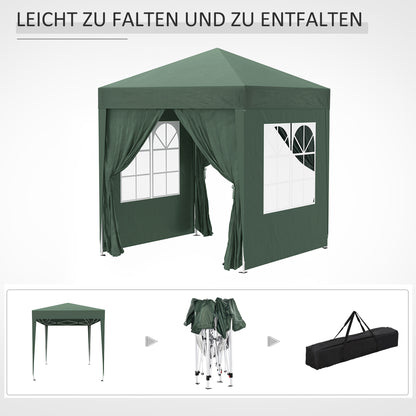 Pavilion 2x2m Waterproof, Pop-Up Gazebo with 4 Side Walls, Drainage Holes Windows, Foldable Party Tent UV 30+, Garden Canopy with Carrying Bag, Garden Pavilion for Terrace, Dark Green