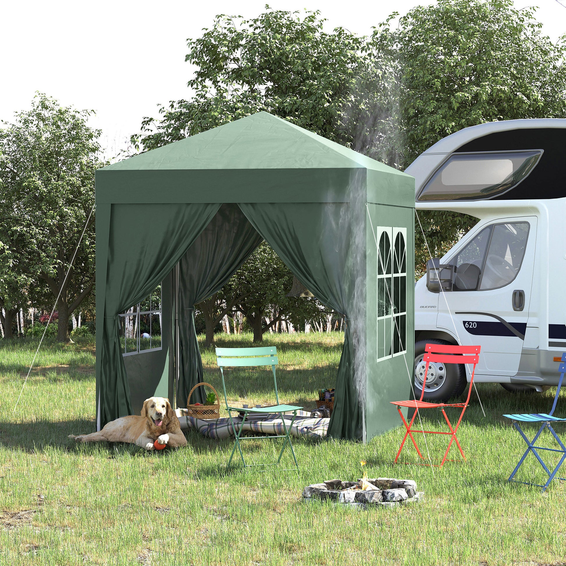 Pavilion 2x2m Waterproof, Pop-Up Gazebo with 4 Side Walls, Drainage Holes Windows, Foldable Party Tent UV 30+, Garden Canopy with Carrying Bag, Garden Pavilion for Terrace, Dark Green