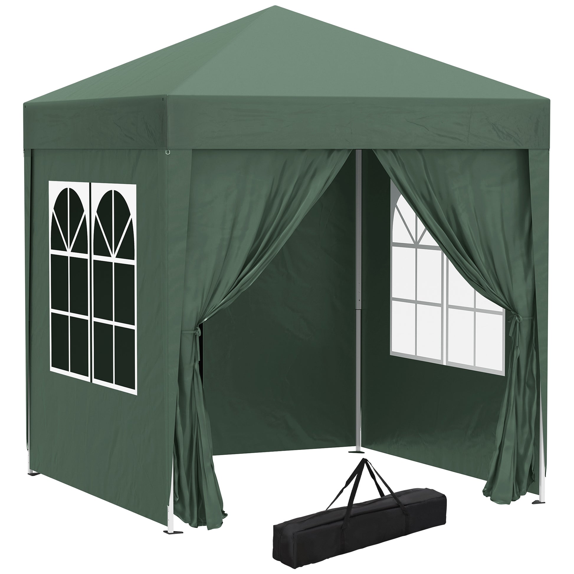 Pavilion 2x2m Waterproof, Pop-Up Gazebo with 4 Side Walls, Drainage Holes Windows, Foldable Party Tent UV 30+, Garden Canopy with Carrying Bag, Garden Pavilion for Terrace, Dark Green