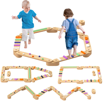 Kids Balance Beam, Wooden Toddler Balance Beam with 6 Balancing Stones, Colorful Obstacle Stones Montessori Toy for Indoor Outdoor Balance Board for Coordination from 3-8 Years
