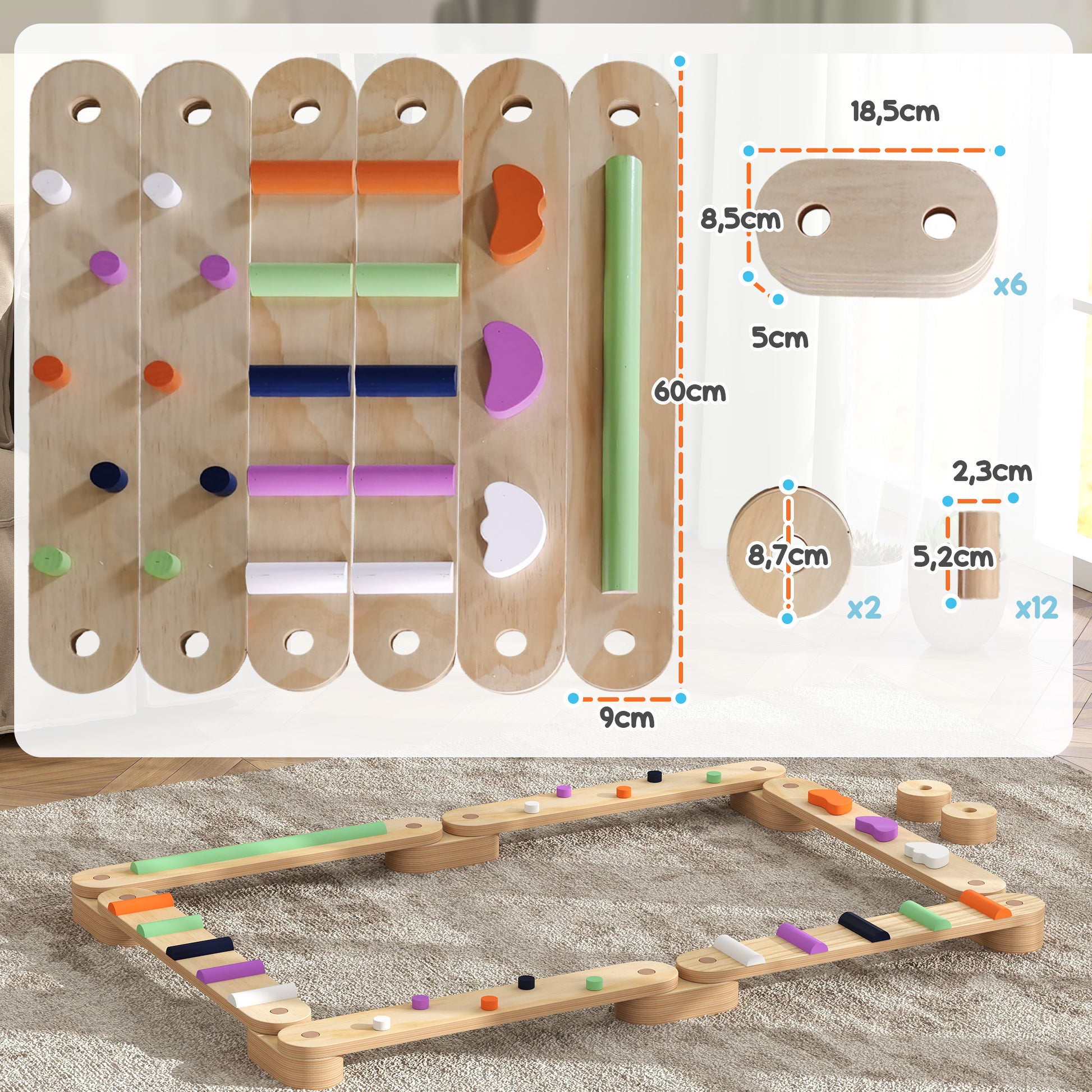 Kids Balance Beam, Wooden Toddler Balance Beam with 6 Balancing Stones, Colorful Obstacle Stones Montessori Toy for Indoor Outdoor Balance Board for Coordination from 3-8 Years