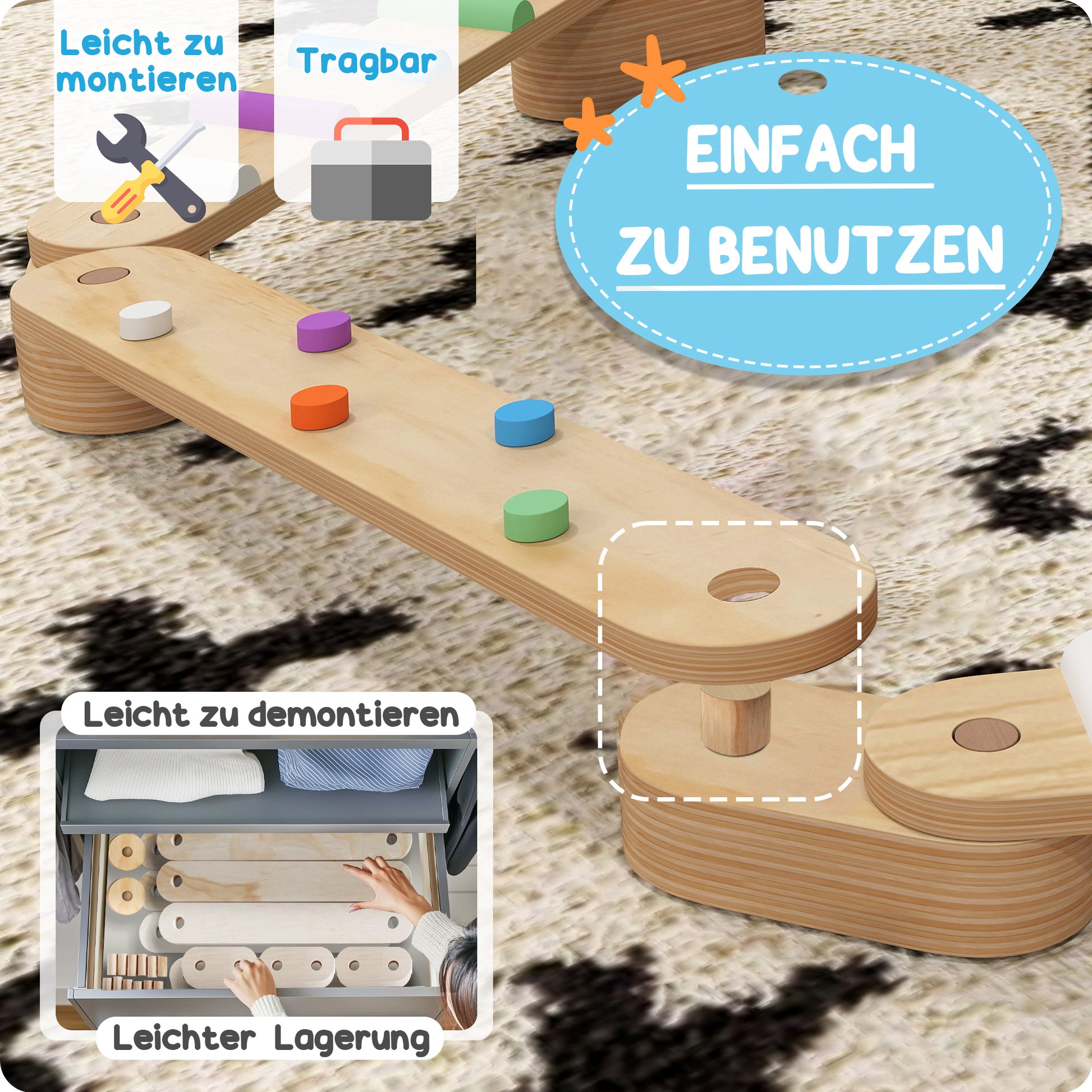 Kids Balance Beam, Wooden Toddler Balance Beam with 6 Balancing Stones, Colorful Obstacle Stones Montessori Toy for Indoor Outdoor Balance Board for Coordination from 3-8 Years
