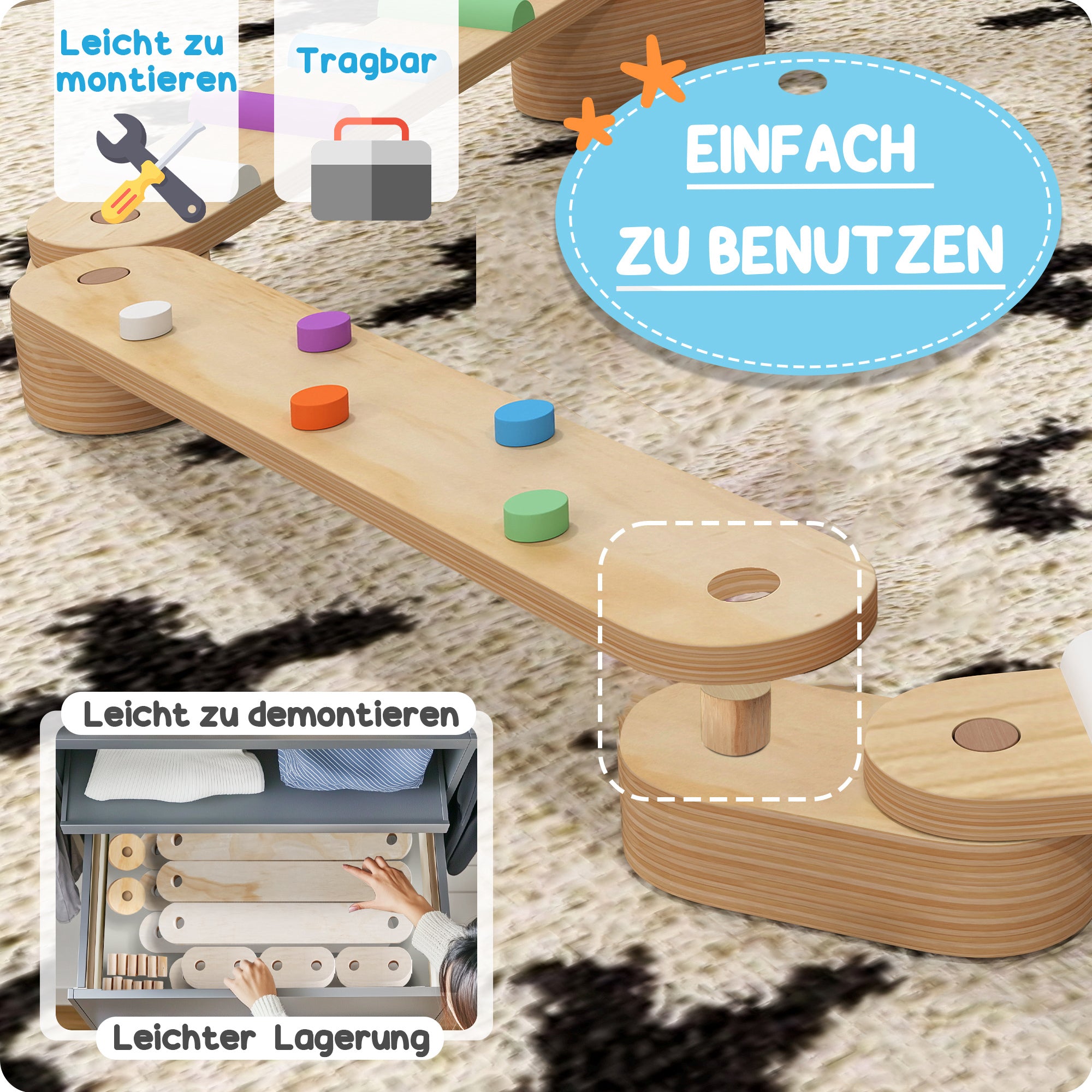 Kids Balance Beam, Wooden Toddler Balance Beam with 6 Balancing Stones, Colorful Obstacle Stones Montessori Toy for Indoor Outdoor Balance Board for Coordination from 3-8 Years