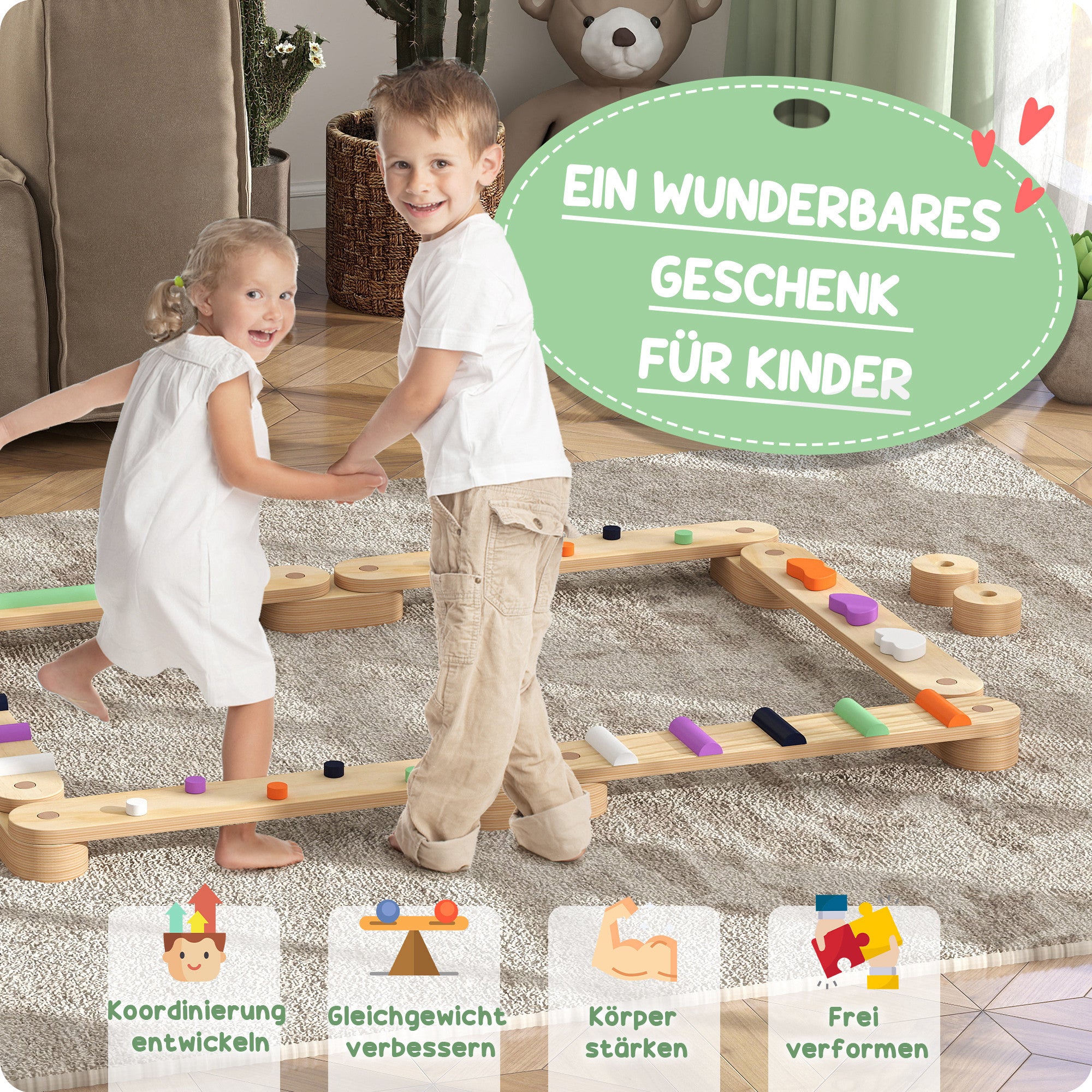 Kids Balance Beam, Wooden Toddler Balance Beam with 6 Balancing Stones, Colorful Obstacle Stones Montessori Toy for Indoor Outdoor Balance Board for Coordination from 3-8 Years