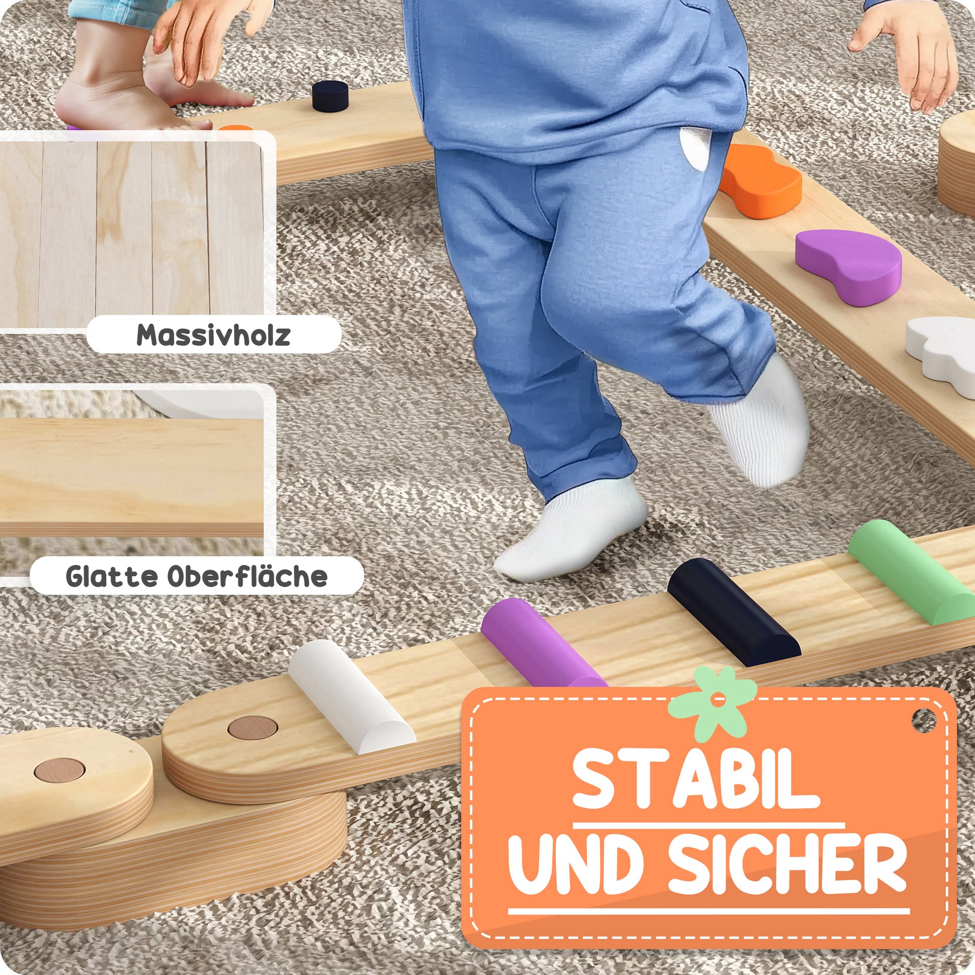 Kids Balance Beam, Wooden Toddler Balance Beam with 6 Balancing Stones, Colorful Obstacle Stones Montessori Toy for Indoor Outdoor Balance Board for Coordination from 3-8 Years