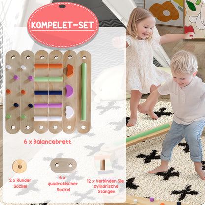 Kids Balance Beam, Wooden Toddler Balance Beam with 6 Balancing Stones, Colorful Obstacle Stones Montessori Toy for Indoor Outdoor Balance Board for Coordination from 3-8 Years