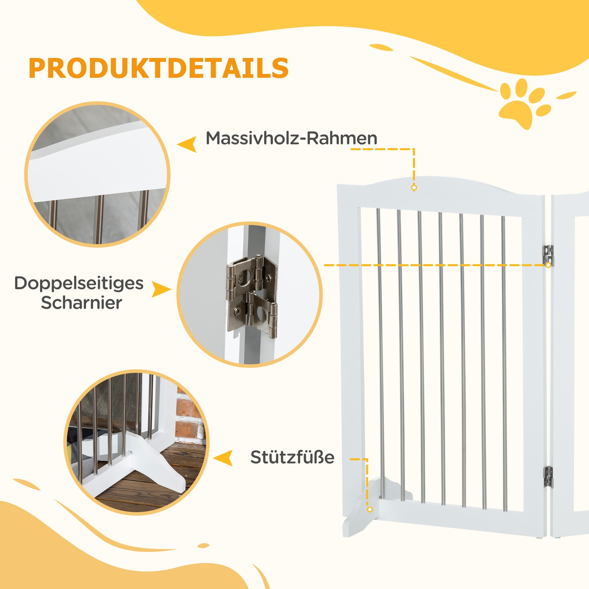 Dog Barrier, Door Guard, Foldable Dog Gate with Stand, 3 Panels, Stair Gate for Stairs, Hallway, White, 154 x 30 x 80 cm