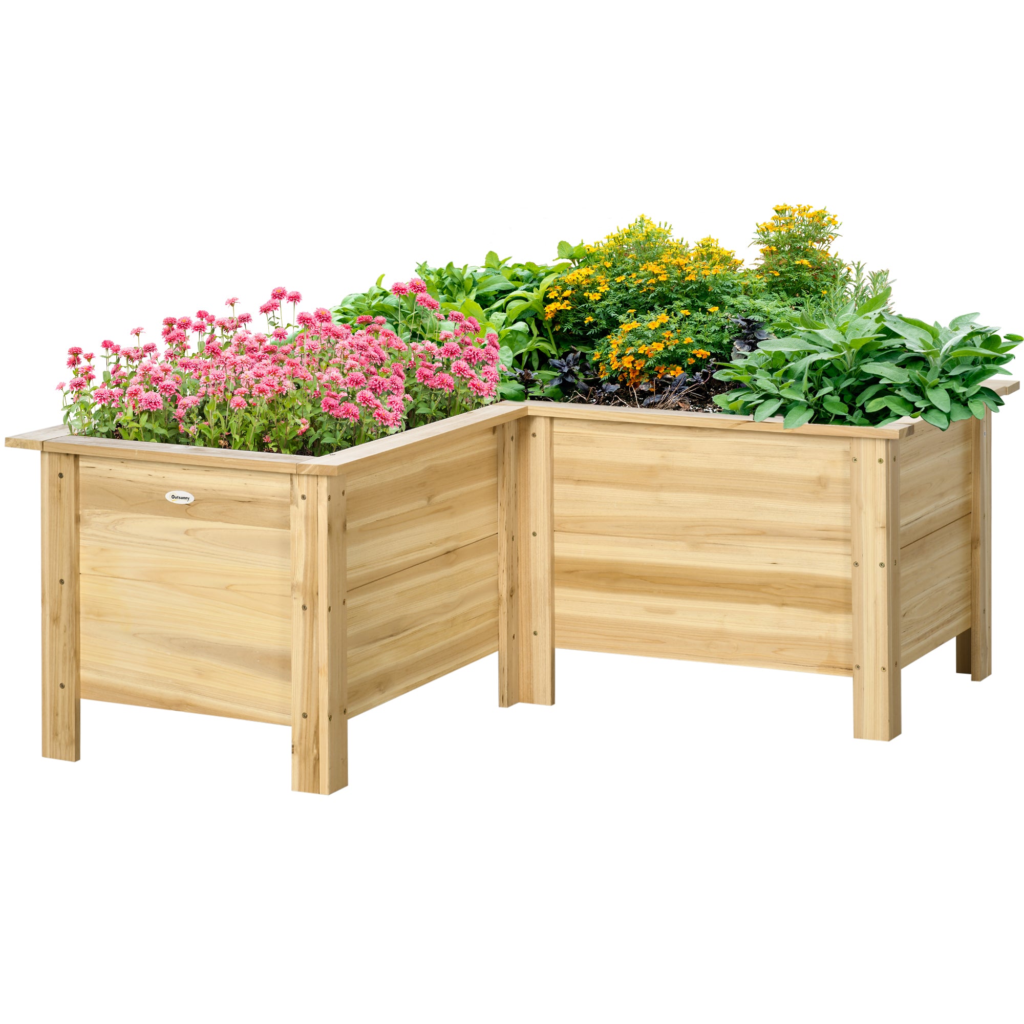 L-Shaped Elevated Wooden Planter with Non-Woven Liner, Outdoor Raised Bed for Vegetables & Flowers, 47.2" x 47.2" x 19.7", Natural