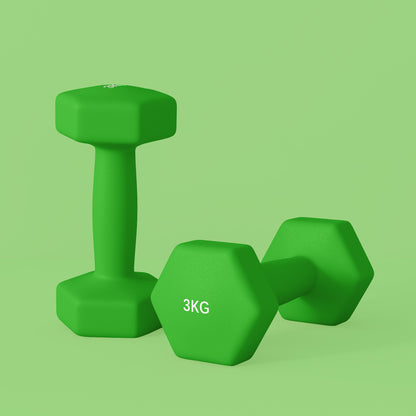SPORTNOW Set of 2 Hexagonal Dumbbells 2x3 kg in Metal and Plastic, 2 Weight Dumbbells with Non-Slip Grip, 18x8x8 cm, Green