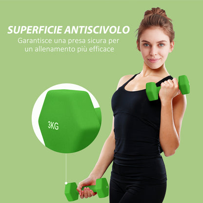 SPORTNOW Set of 2 Hexagonal Dumbbells 2x3 kg in Metal and Plastic, 2 Weight Dumbbells with Non-Slip Grip, 18x8x8 cm, Green
