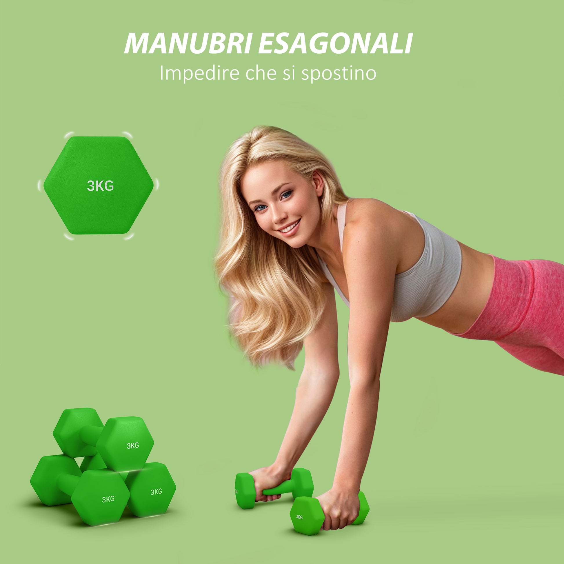 SPORTNOW Set of 2 Hexagonal Dumbbells 2x3 kg in Metal and Plastic, 2 Weight Dumbbells with Non-Slip Grip, 18x8x8 cm, Green