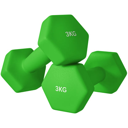 SPORTNOW Set of 2 Hexagonal Dumbbells 2x3 kg in Metal and Plastic, 2 Weight Dumbbells with Non-Slip Grip, 18x8x8 cm, Green