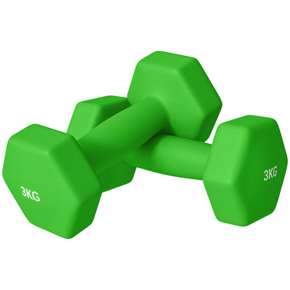 SPORTNOW Set of 2 Hexagonal Dumbbells 2x3 kg in Metal and Plastic, 2 Weight Dumbbells with Non-Slip Grip, 18x8x8 cm, Green