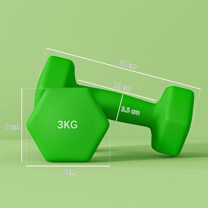 SPORTNOW Set of 2 Hexagonal Dumbbells 2x3 kg in Metal and Plastic, 2 Weight Dumbbells with Non-Slip Grip, 18x8x8 cm, Green