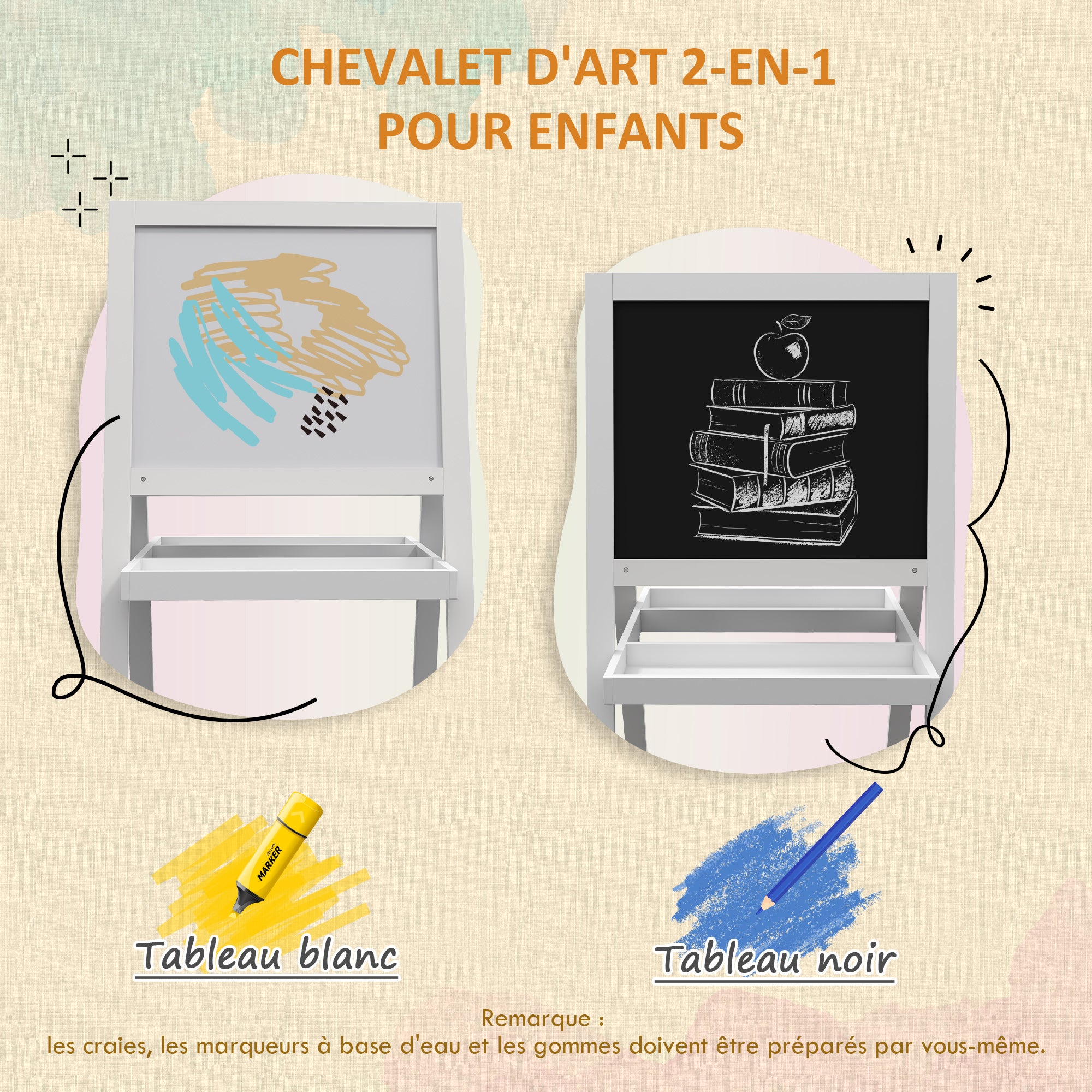 2-in-1 Children's Easel - magnetic whiteboard and chalkboard - 2 integrated storage trays - white
