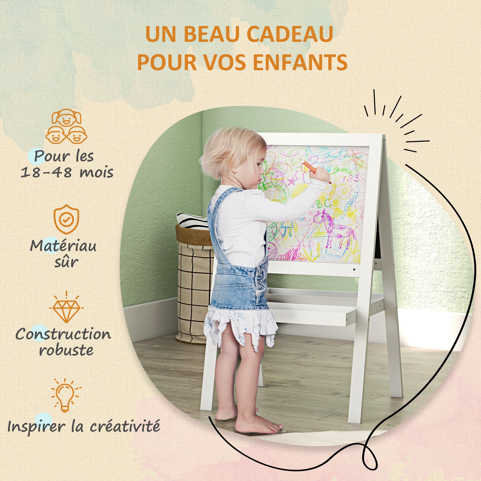 2-in-1 Children's Easel - magnetic whiteboard and chalkboard - 2 integrated storage trays - white