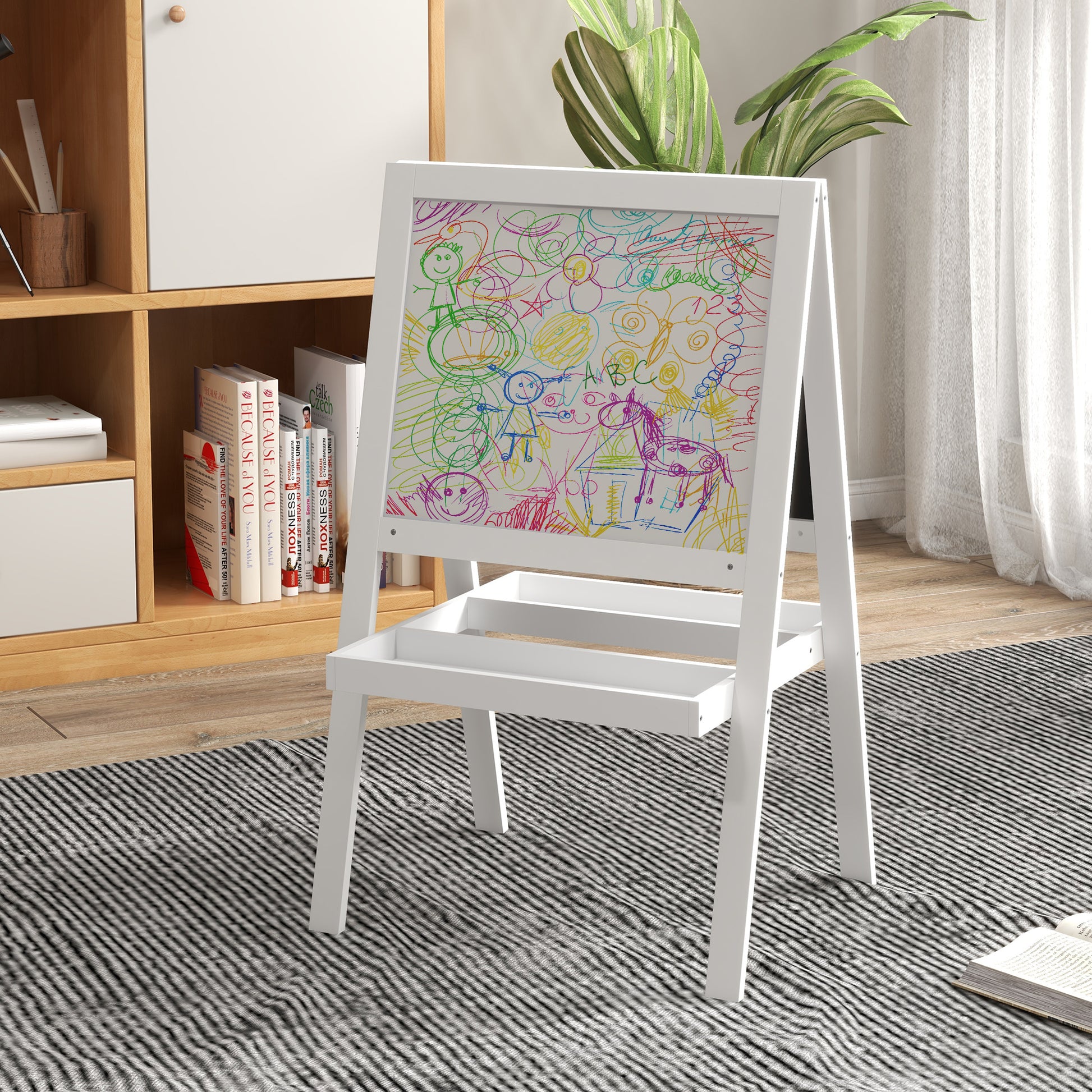2-in-1 Children's Easel - magnetic whiteboard and chalkboard - 2 integrated storage trays - white