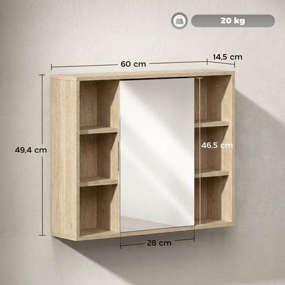Wall-Mounted Bathroom Cabinet with Mirror — 6 Open Shelves & Mirrored Door, Natural Wood, 23.6 x 5.7 x 19.4 in