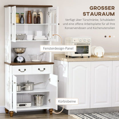 Kitchen Cabinet Tall Cupboard with Worktop, 4 Doors and 2 Drawers Buffet Cabinet Microwave Cabinet with Adjustable Shelves, Soft-Close Function, White, 76 x 38 x 182 cm