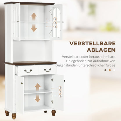 Kitchen Cabinet Tall Cupboard with Worktop, 4 Doors and 2 Drawers Buffet Cabinet Microwave Cabinet with Adjustable Shelves, Soft-Close Function, White, 76 x 38 x 182 cm