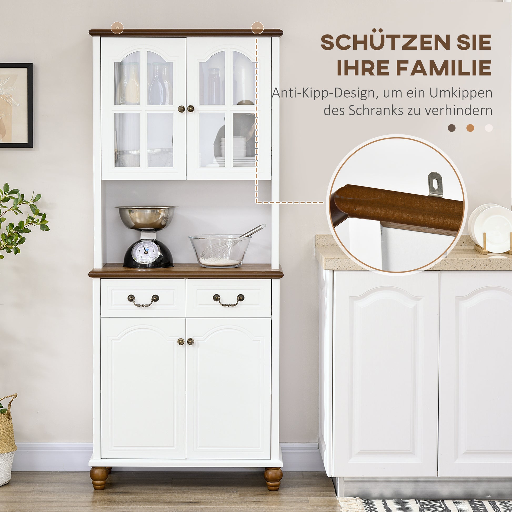 Kitchen Cabinet Tall Cupboard with Worktop, 4 Doors and 2 Drawers Buffet Cabinet Microwave Cabinet with Adjustable Shelves, Soft-Close Function, White, 76 x 38 x 182 cm